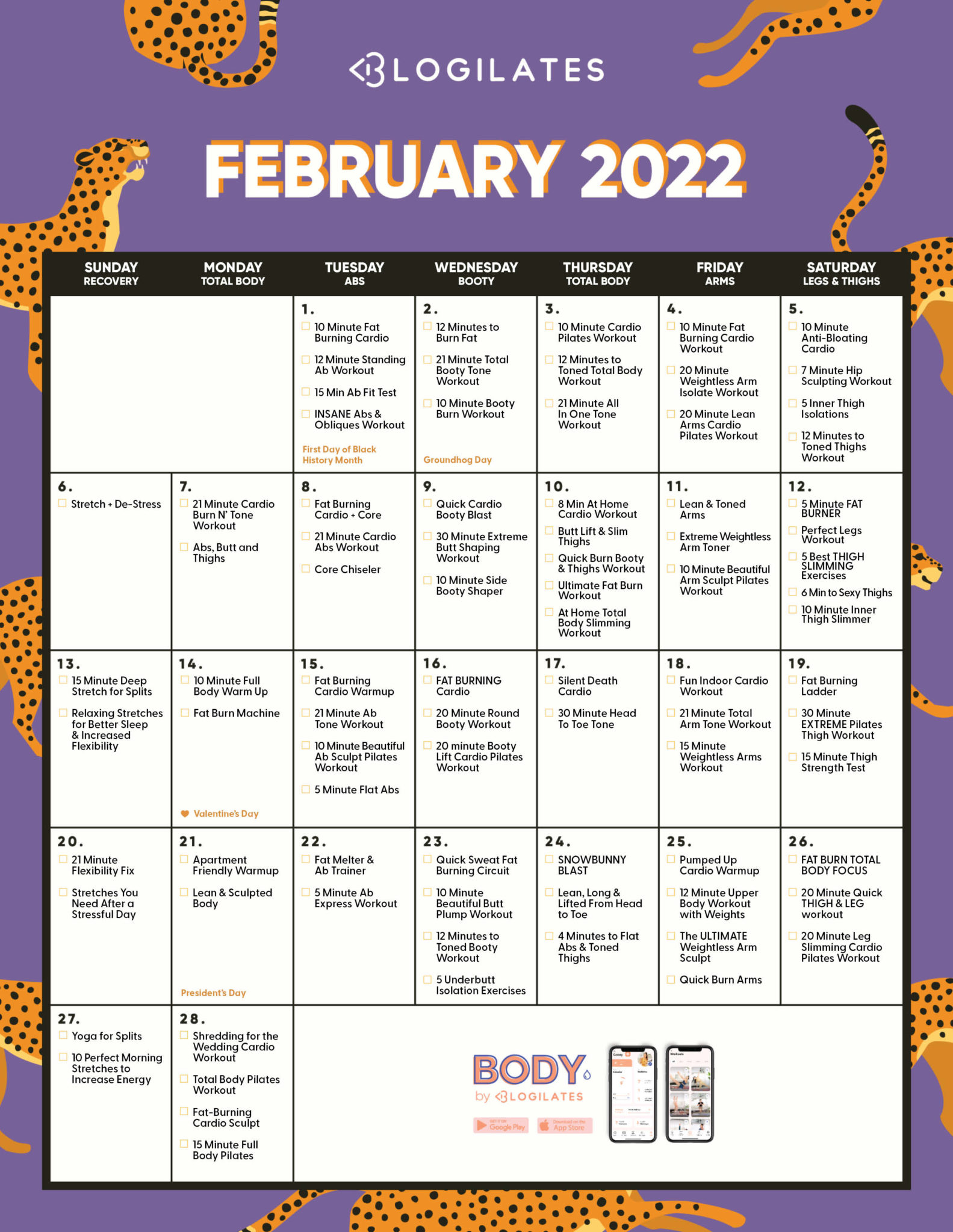 The Blogilates February 2022 Workout Calendar Blogilates