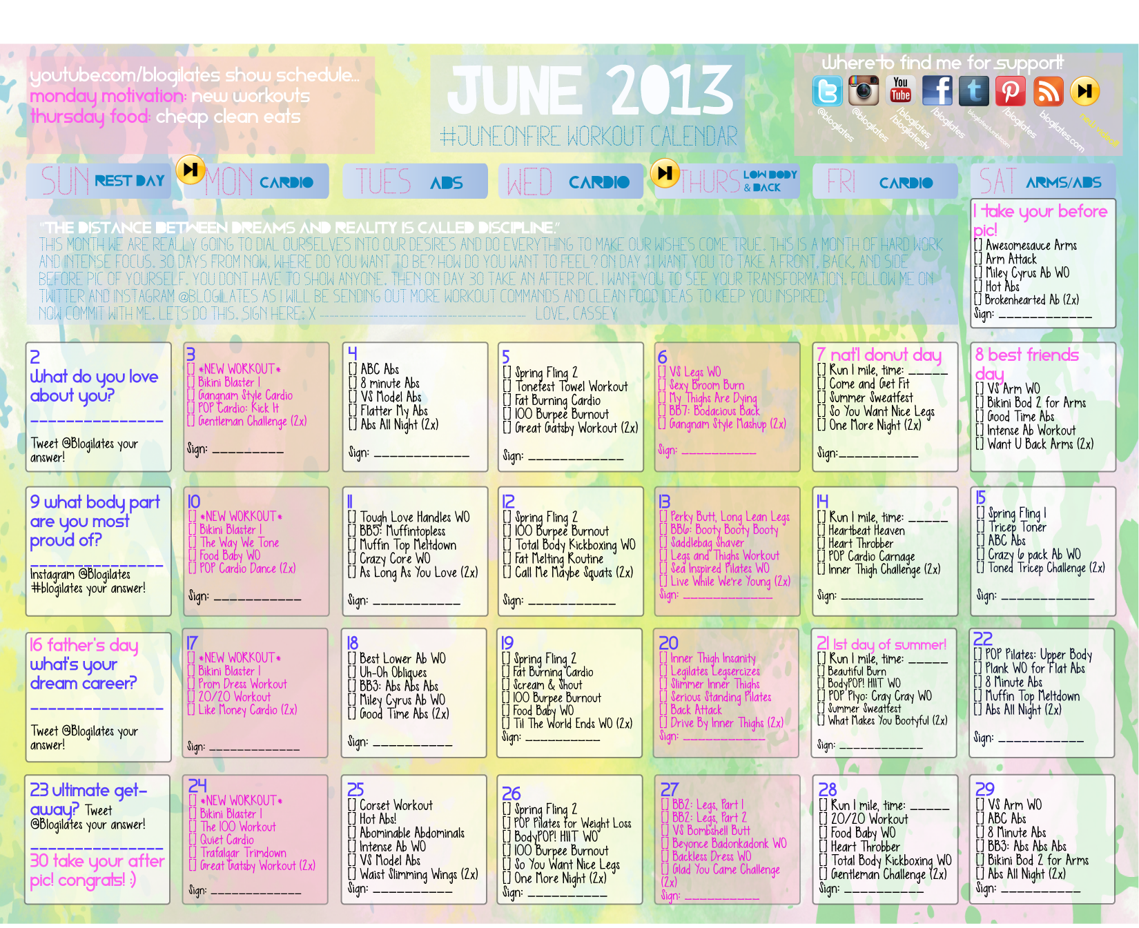 june 2013 calendar summer Blogilates
