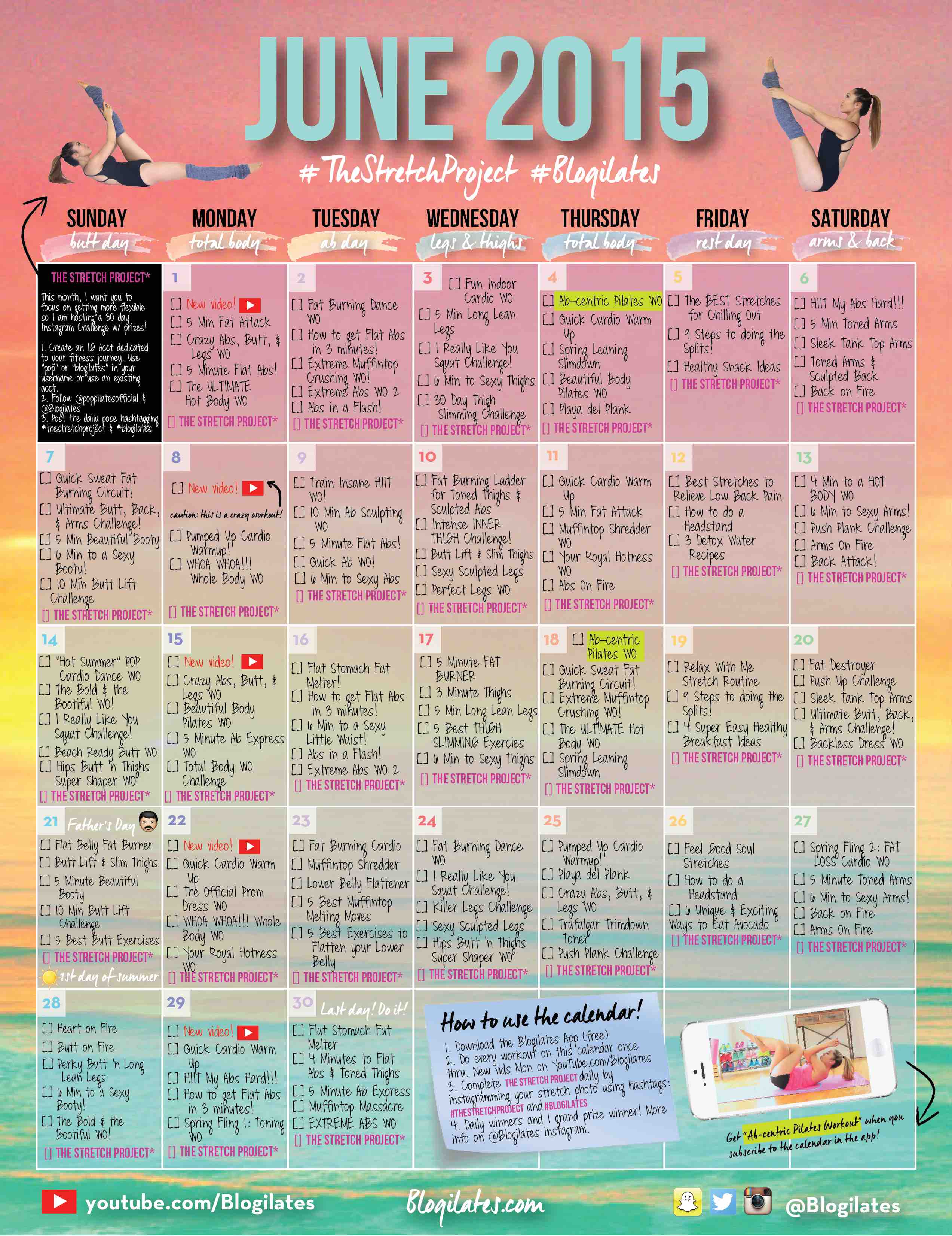 June Workout Calendar Sign Up For Newsletter The Pw Will Be Emailed Blogilates
