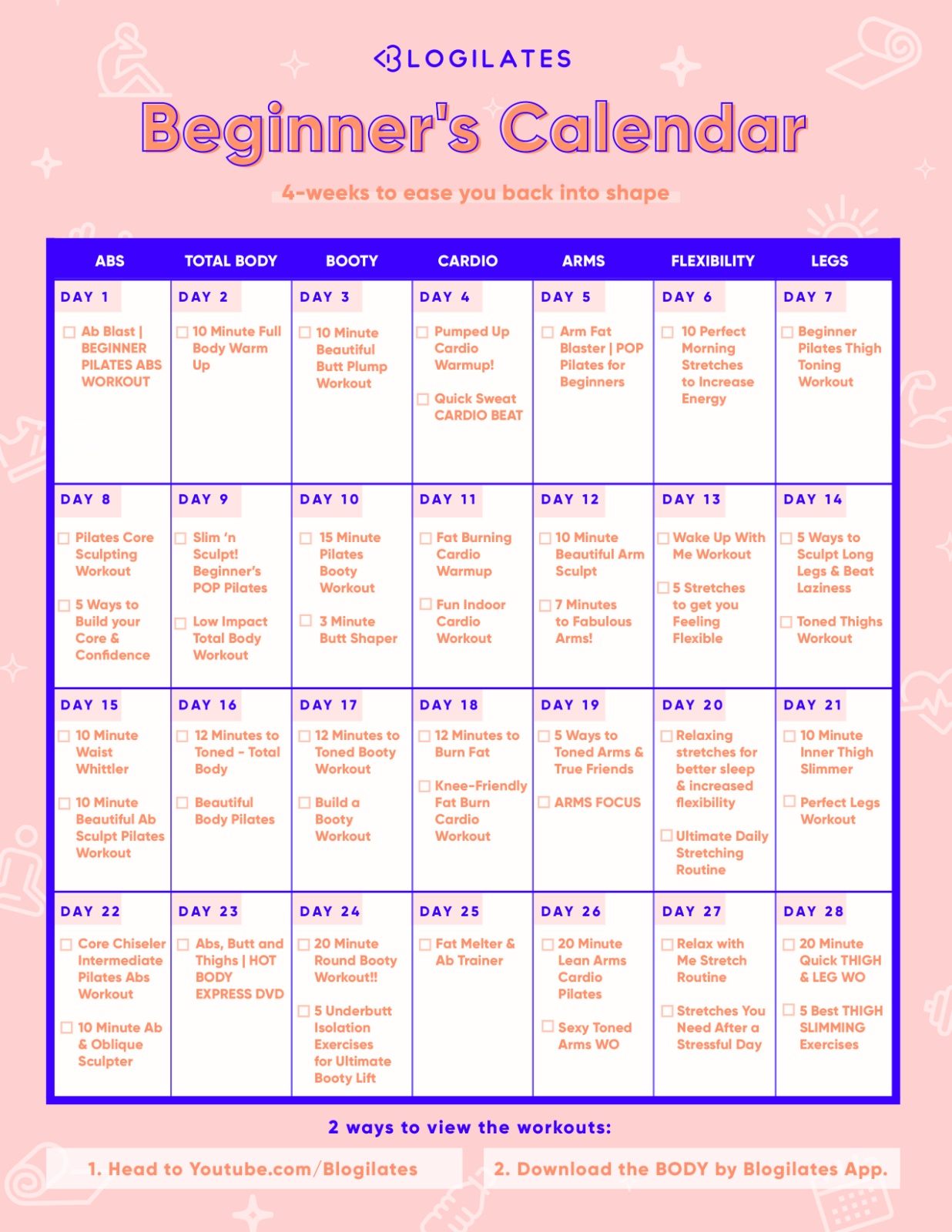 A 28Day Workout Calendar for Beginners! Blogilates Fitness, Food