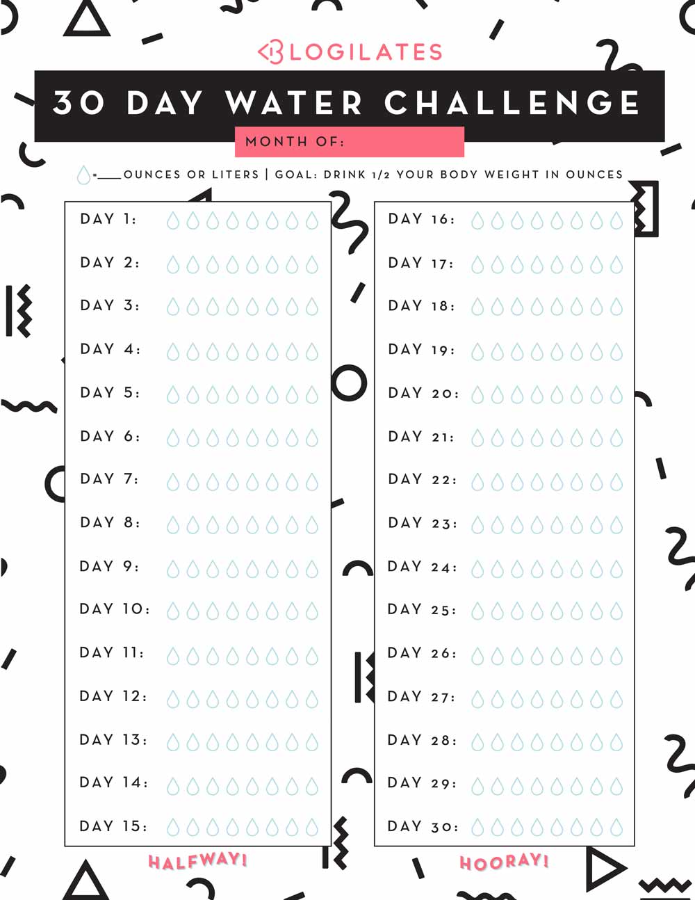 Printable 30 Day Water Challenge Chart - Printable Word Searches