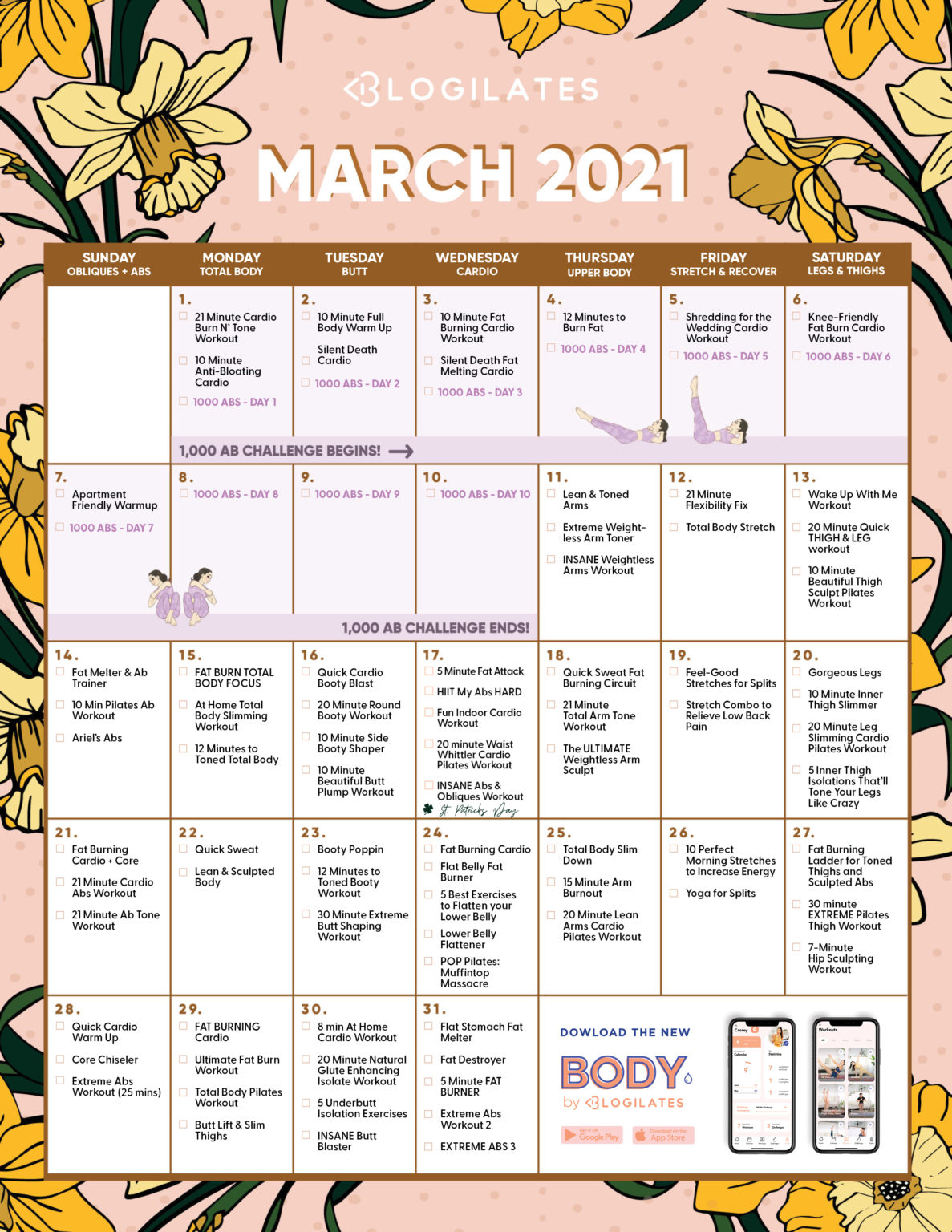 The Blogilates March 2021 Workout Calendar! Blogilates