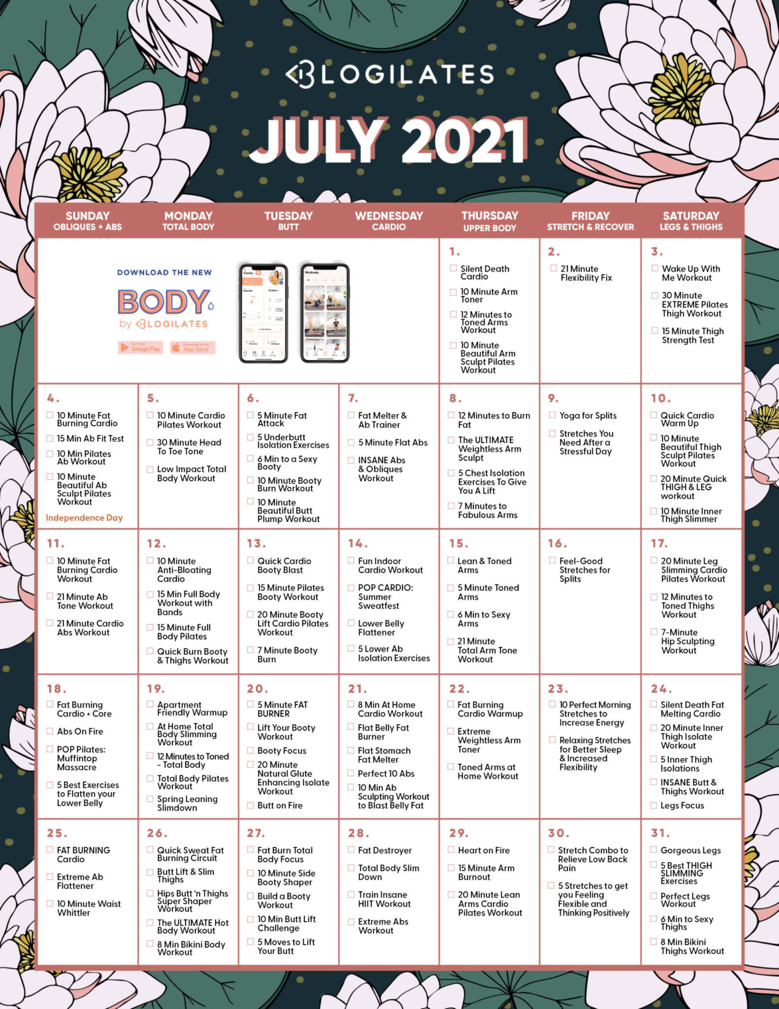 The Blogilates July 2021 Workout Calendar! Blogilates