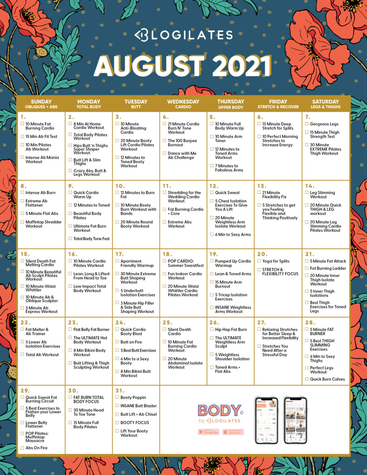 The Blogilates August 2021 Workout Calendar! - Blogilates