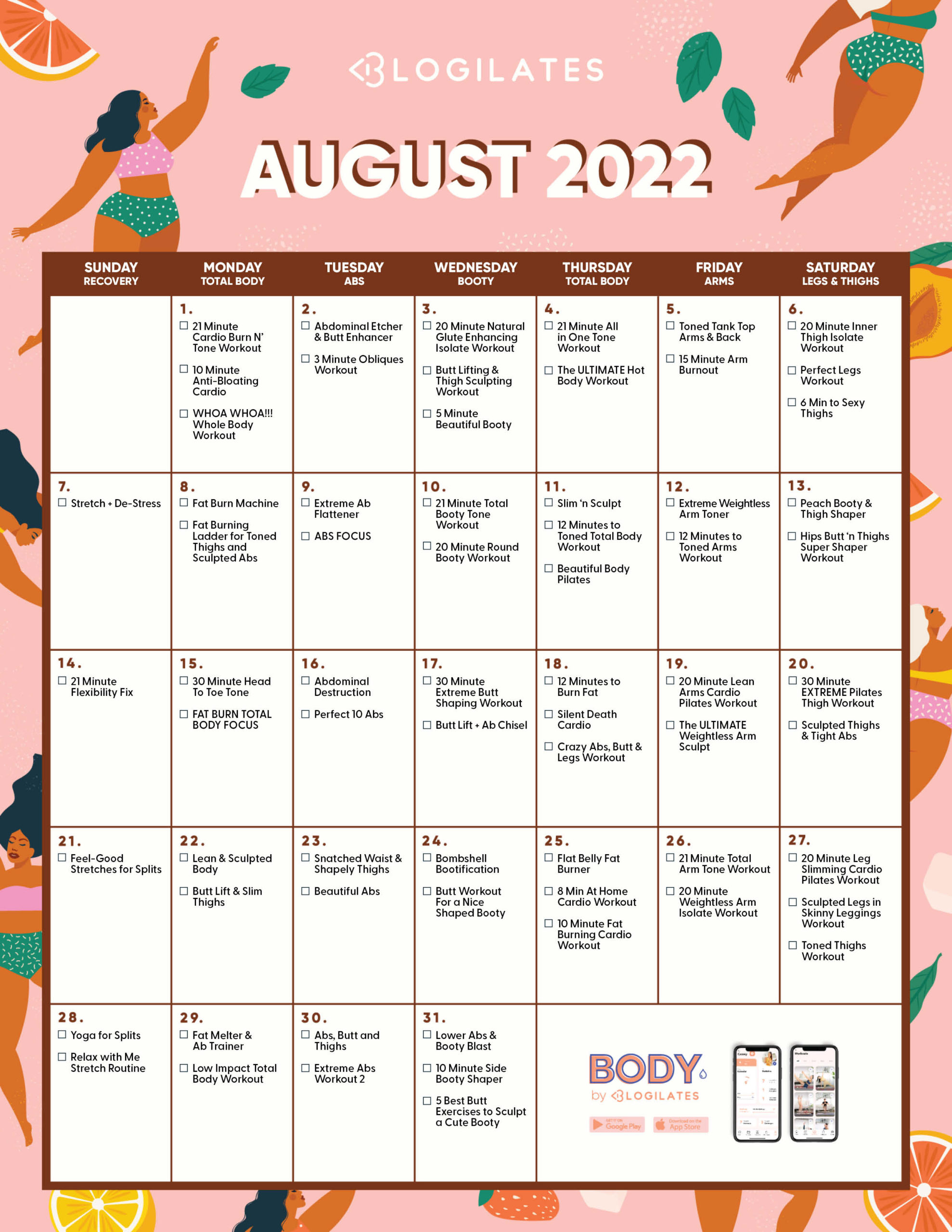 The Blogilates August 2022 Workout Calendar! Shred Pounds Hub