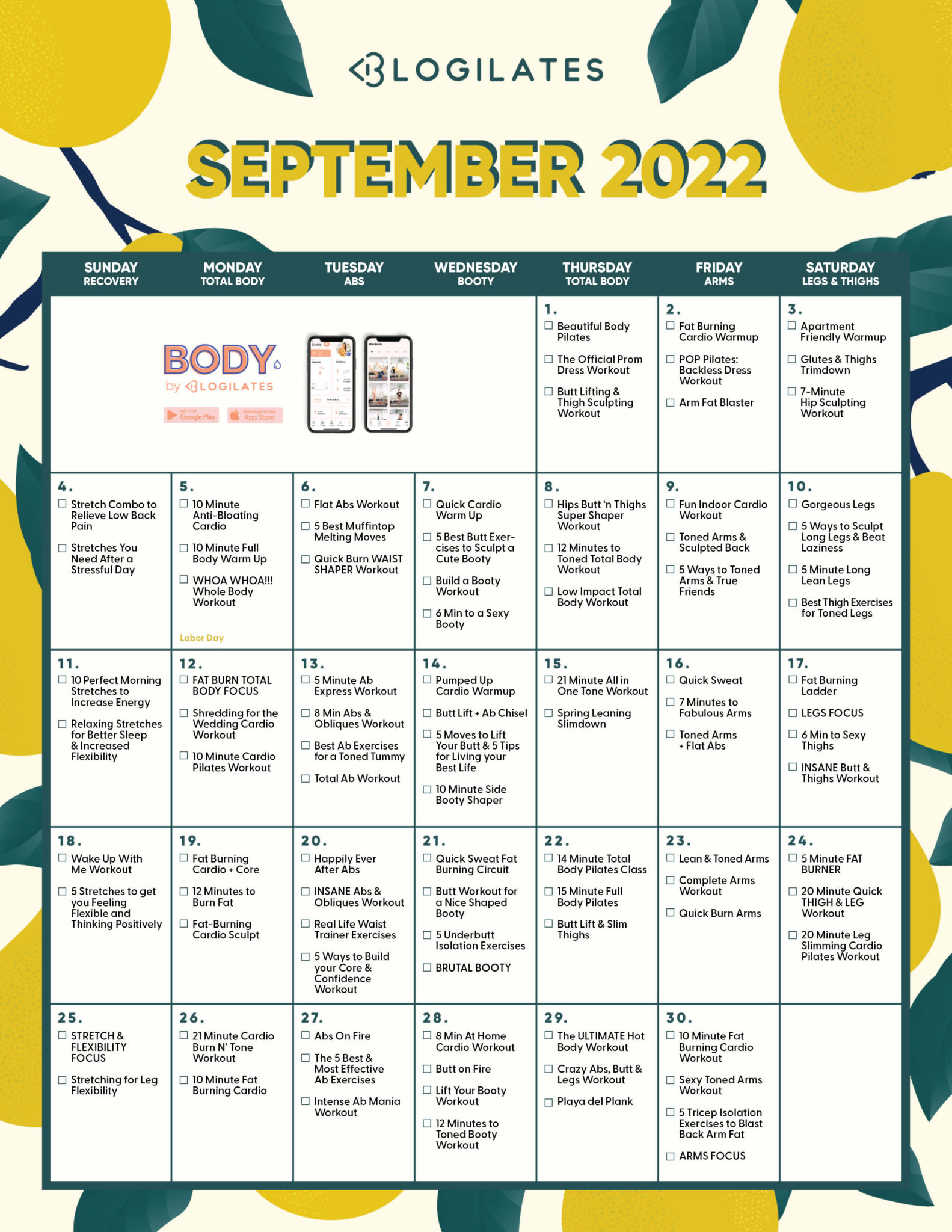 The Blogilates September 2022 Workout Calendar! Blogilates
