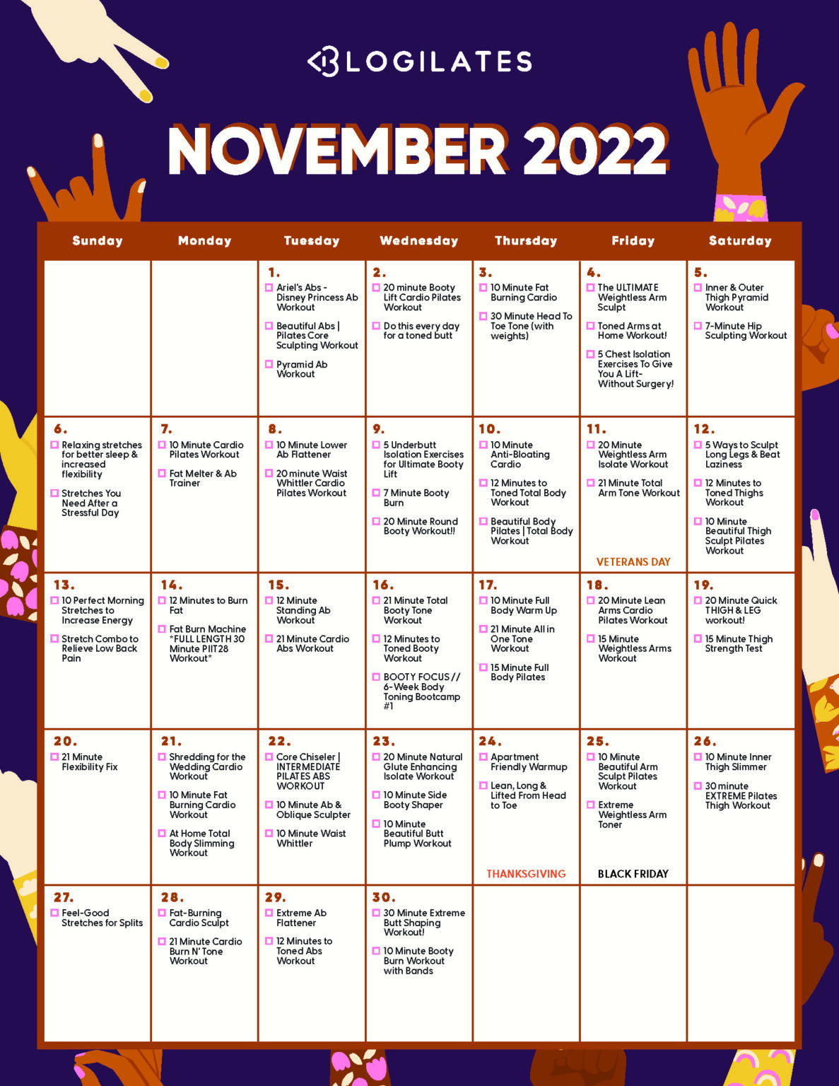 The Blogilates November 2022 Workout Calendar! Blogilates