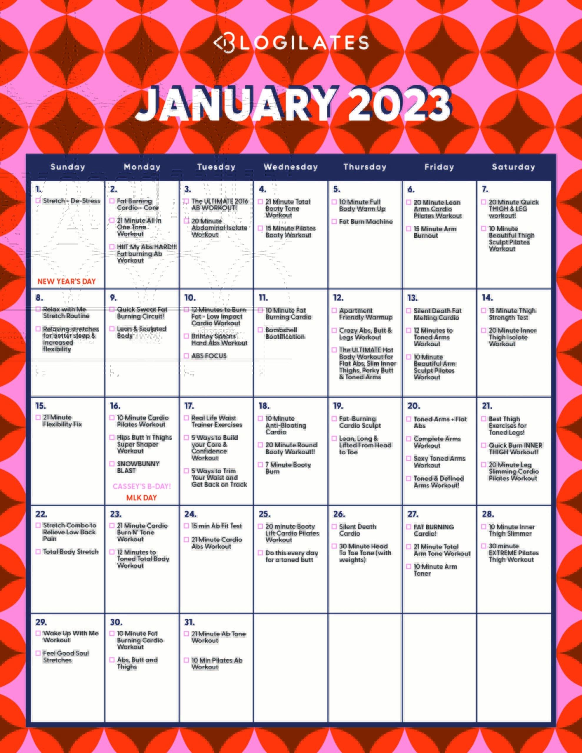 The Blogilates January 2023 Workout Calendar! Shred Pounds Hub