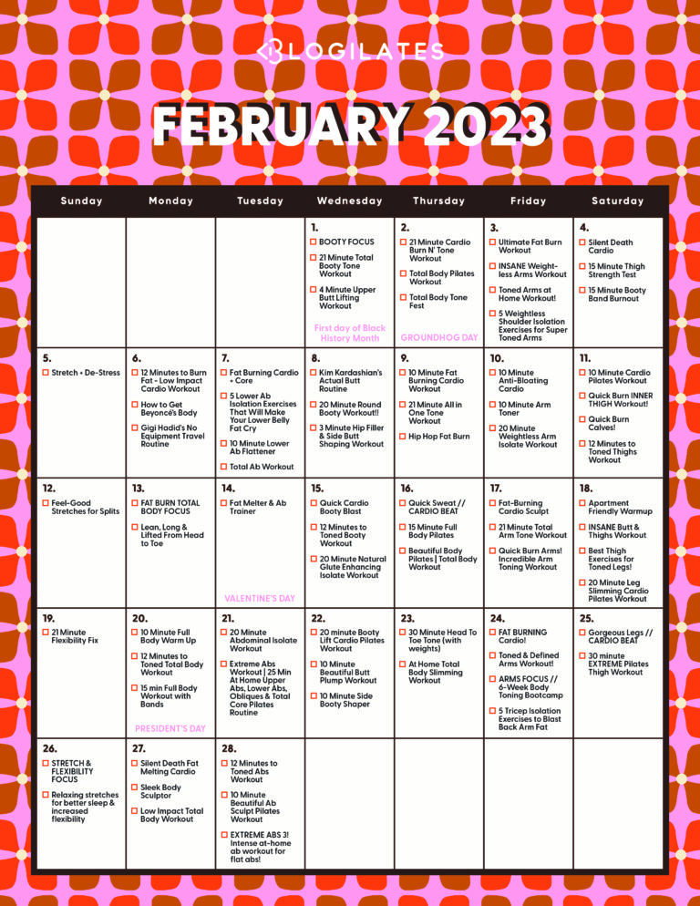 The Blogilates February 2023 Workout Calendar Blogilates