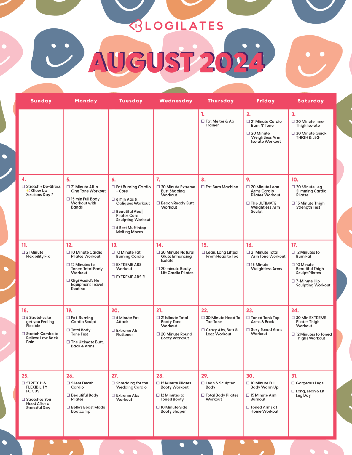 Your Blogilates August 2024 Workout Calendar!! - Blogilates