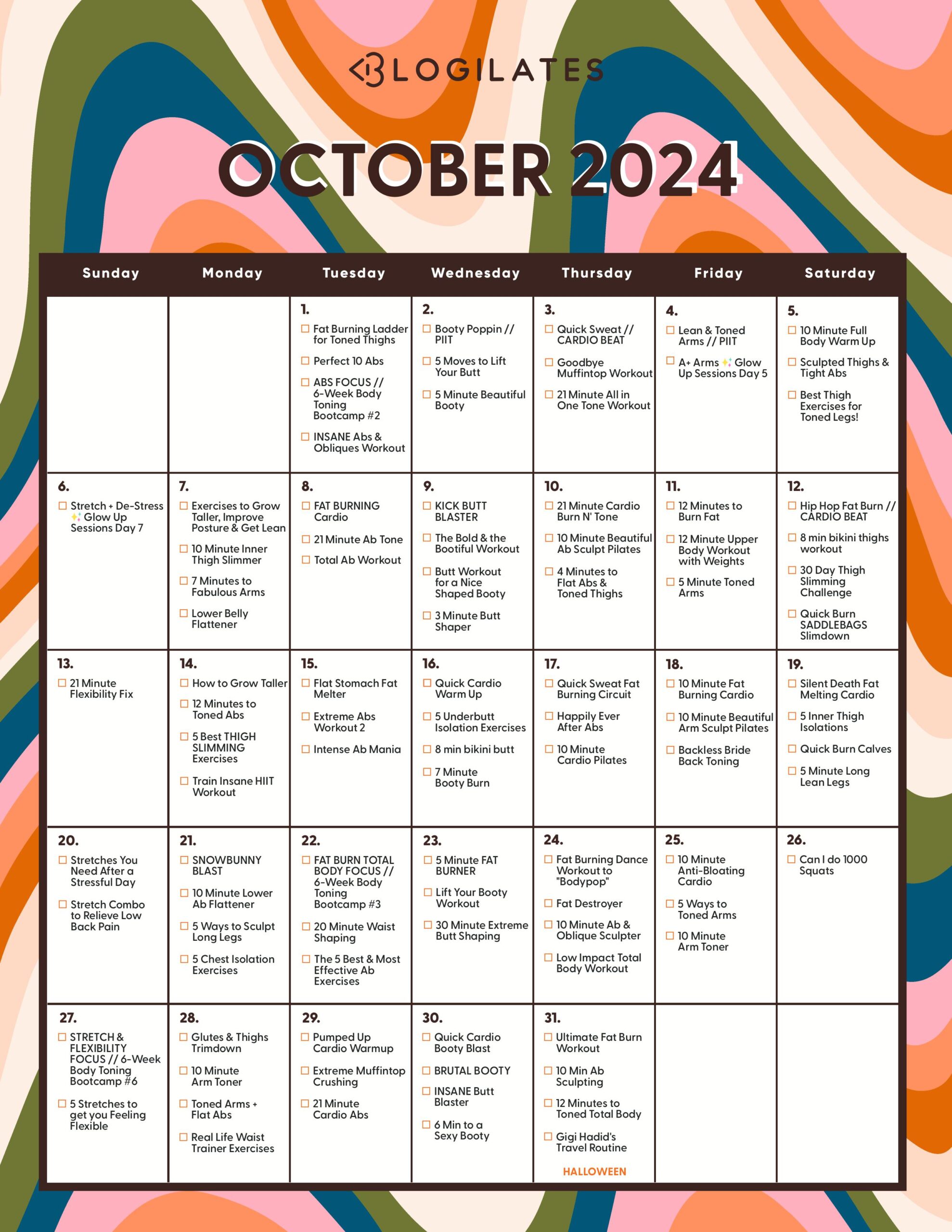 blogilates october 2024 workout calendar free monthly workouts