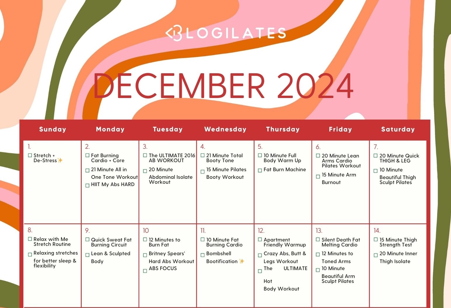 Your Blogilates December 2024 Workout Calendar!! Blogilates